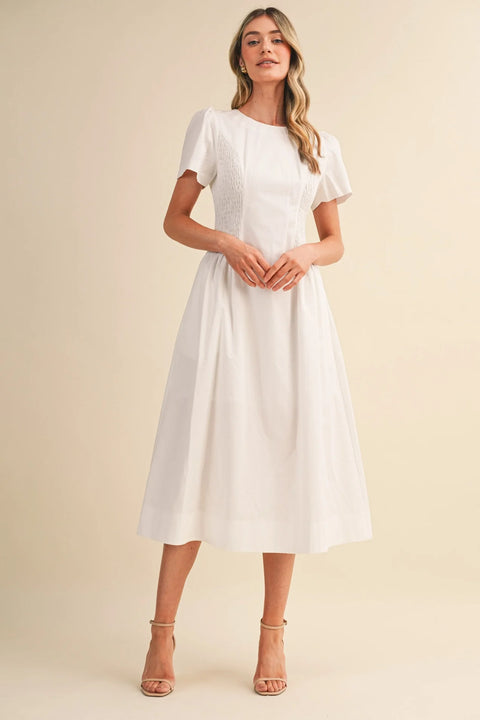 Smocked Midi Dress with Side Detail in Off-White