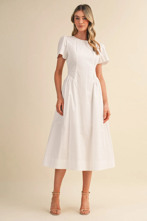 Smocked Midi Dress with Side Detail in Off-White