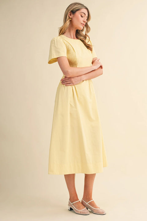 Smocked Midi Dress with Side Detail in Pale Pink