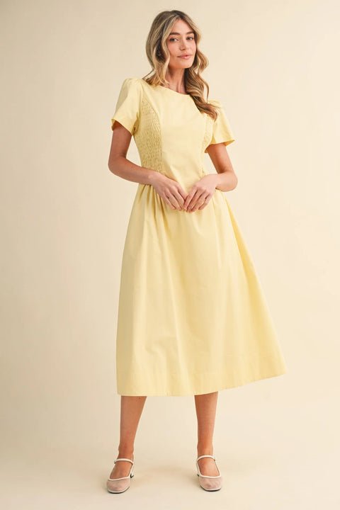 Smocked Midi Dress with Side Detail in Pale Pink