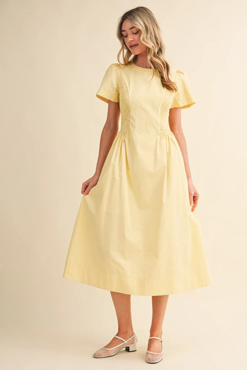 Smocked Midi Dress with Side Detail in Pale Pink