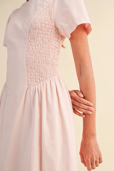 Smocked Midi Dress with Side Detail in Pale Pink