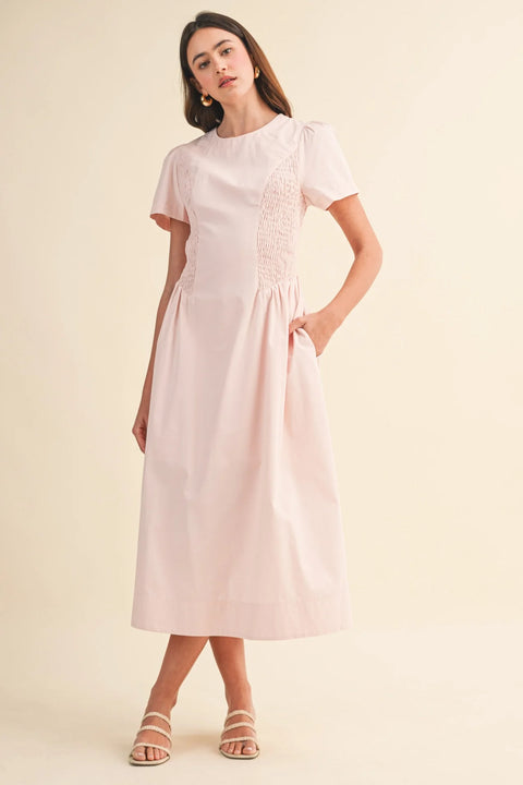 Smocked Midi Dress with Side Detail in Pale Pink