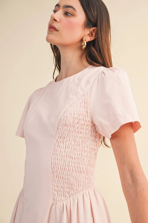 Smocked Midi Dress with Side Detail in Pale Pink