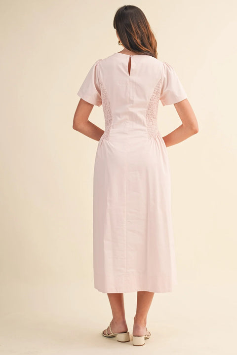 Smocked Midi Dress with Side Detail in Pale Pink
