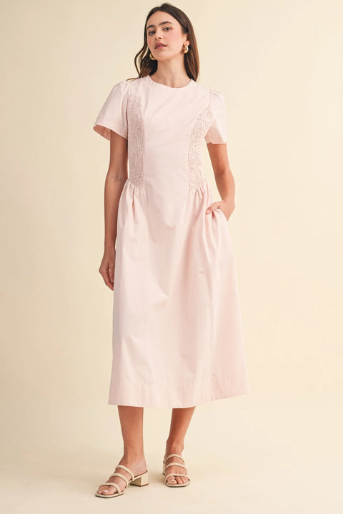 Smocked Midi Dress with Side Detail in Pale Pink