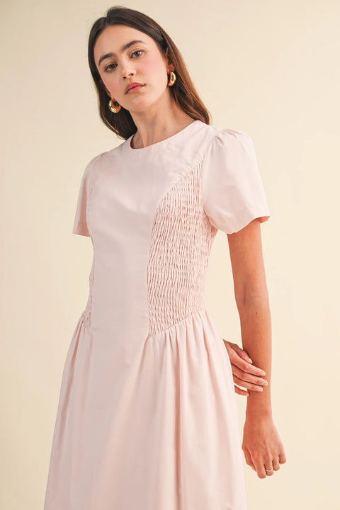 Smocked Midi Dress with Side Detail in Pale Pink