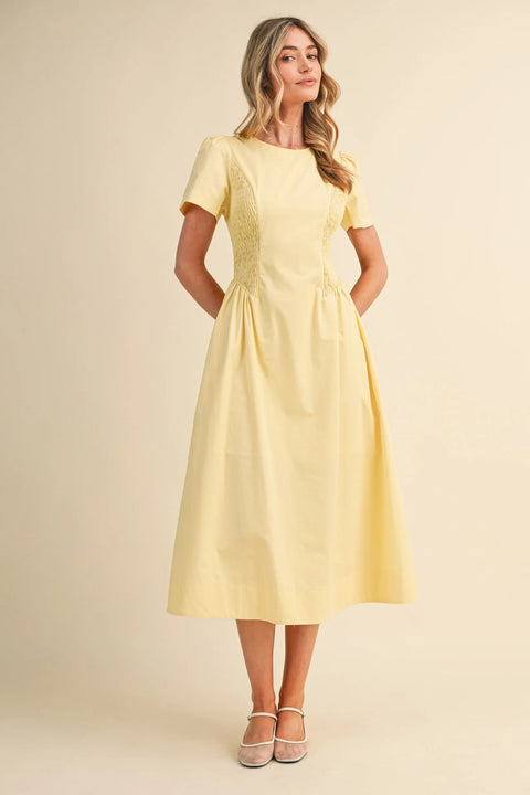 Smocked Midi Dress with Side Detail in Pale Pink