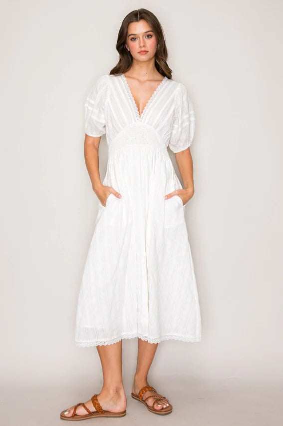 Smocked Waist Dress White