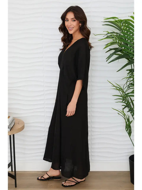 Dolman Sleeve V-Neck Maxi Dress in Solid Black Linen