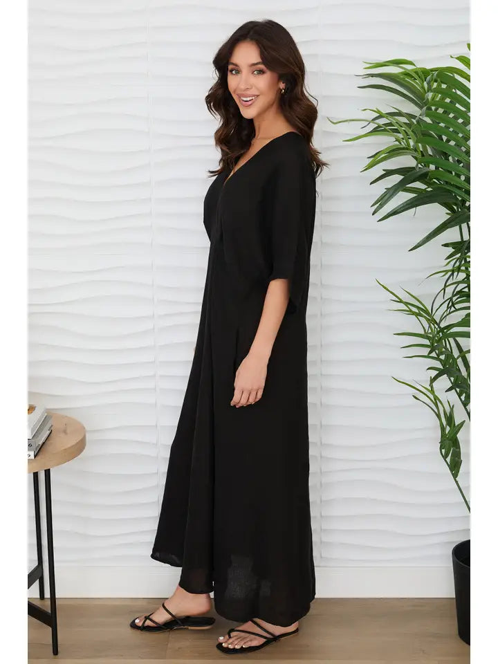Solid Linen V-Neck Dolman Maxi Dress Black