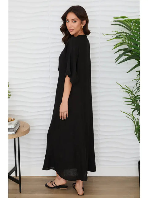 Dolman Sleeve V-Neck Maxi Dress in Solid Black Linen