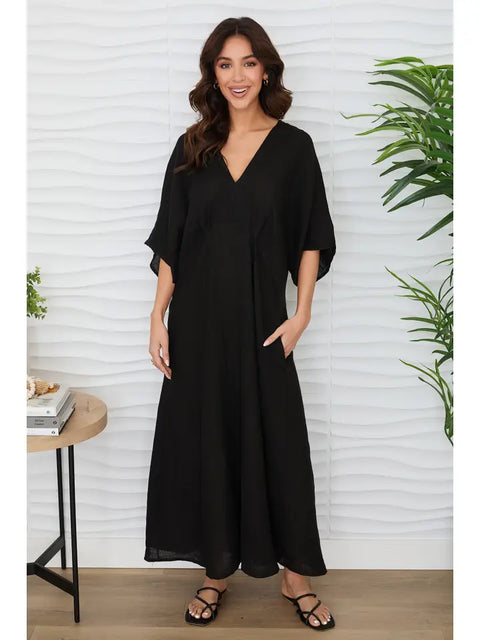 Dolman Sleeve V-Neck Maxi Dress in Solid Black Linen