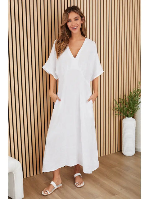 Dolman V-Neck Maxi Dress in Solid White Linen