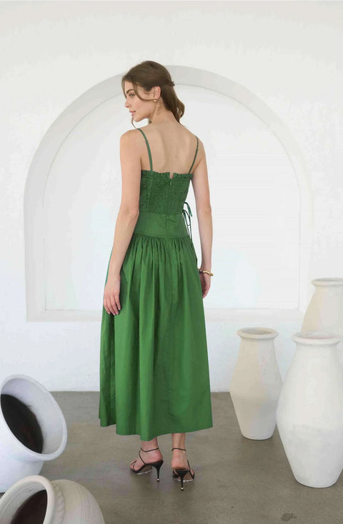Pleated Midi Dress with Spaghetti Straps and Side Tie Detail