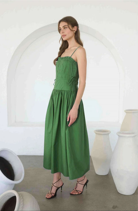 Pleated Midi Dress with Spaghetti Straps and Side Tie Detail