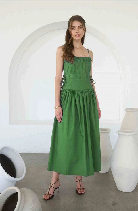 Pleated Midi Dress with Spaghetti Straps and Side Tie Detail