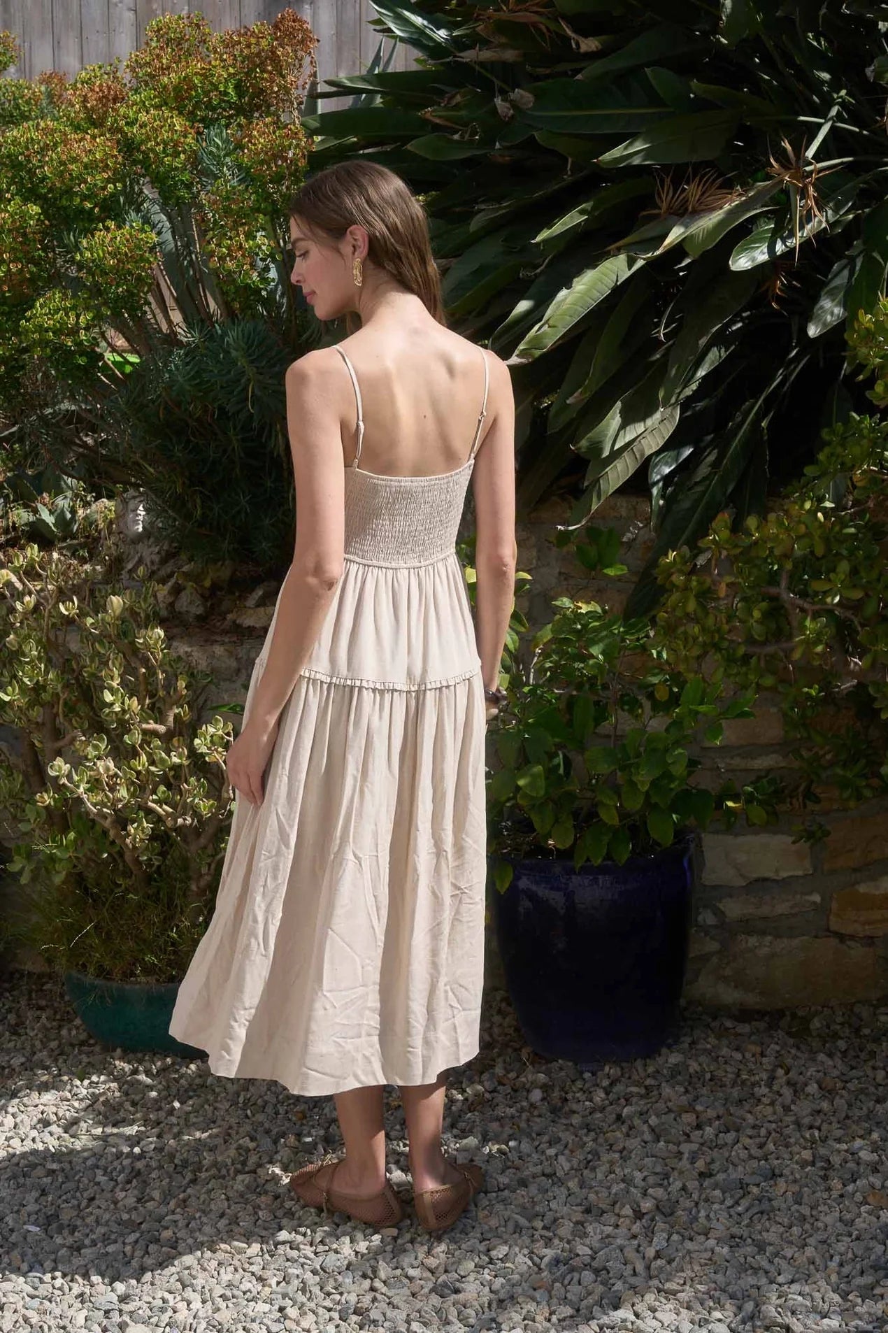 Spaghetti Strap Scallop Neck Embroidery Midi Dress