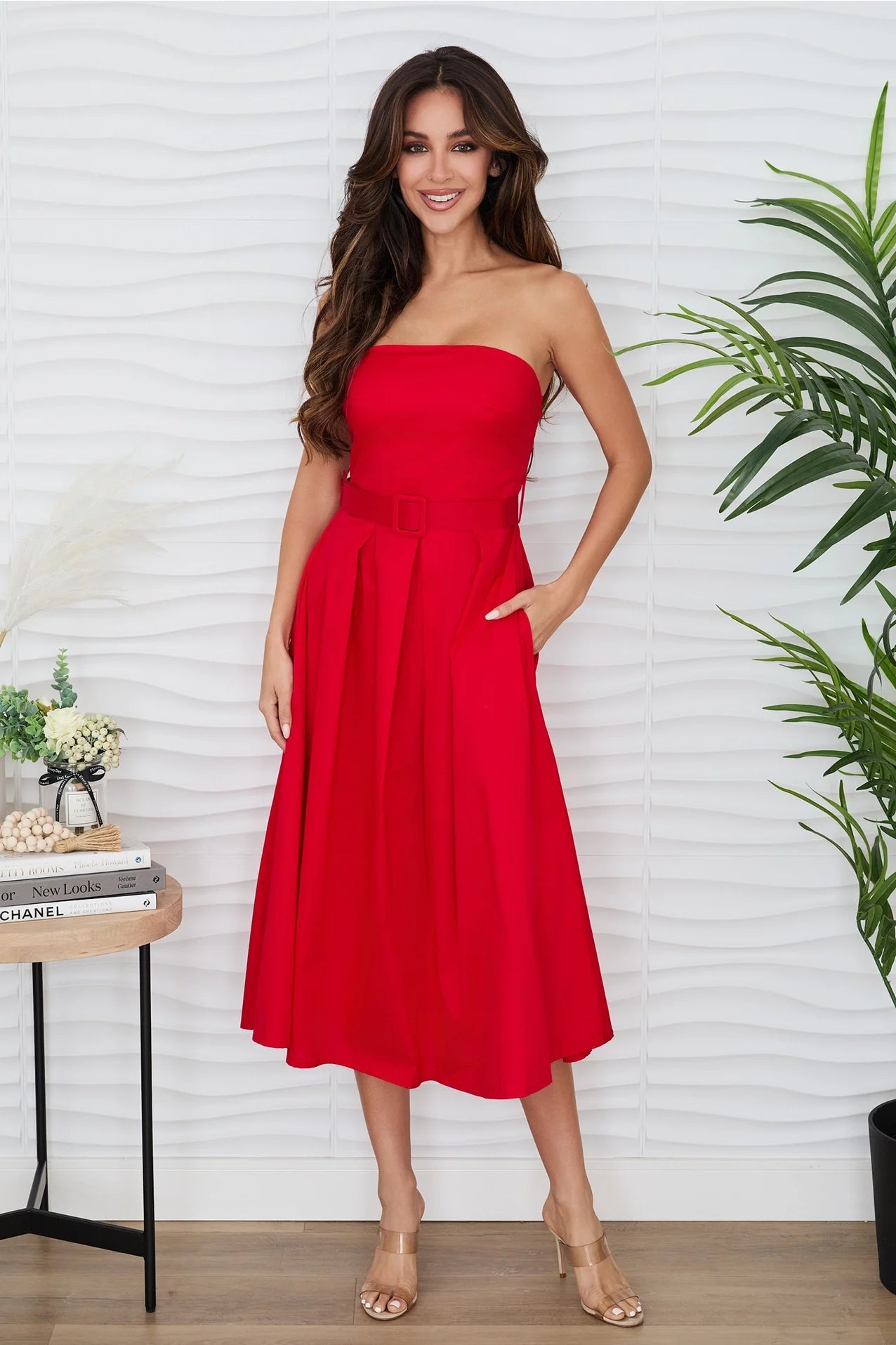 Strapless Midi Dress with Belt