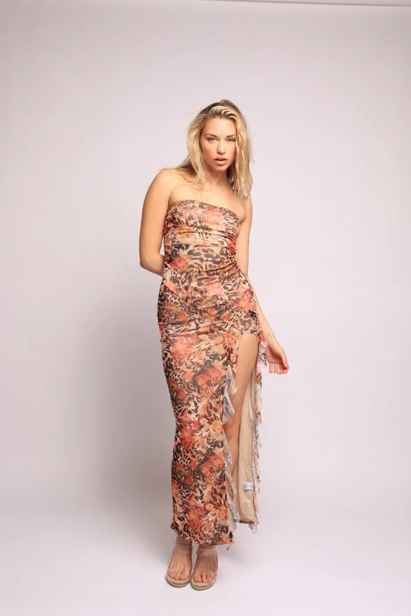 Strapless One Leg Open with Ruffle Detailed Maxi Dress