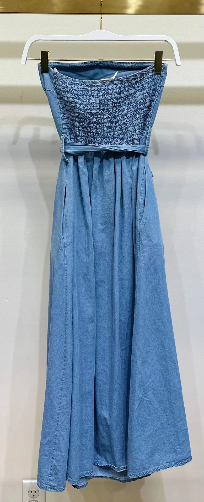 Strapless Smock Back Dress with Tie Belt - Denim Blue