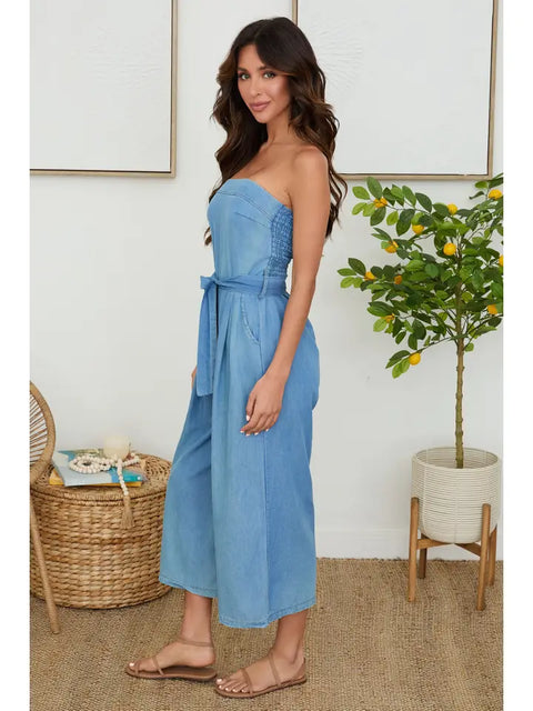Strapless Smock Back Romper with Tie Belt - Denim Blue