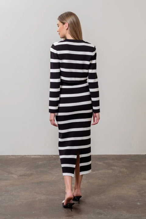 Stripe Long Sleeve Crop Cardigan & Midi Skirt Set