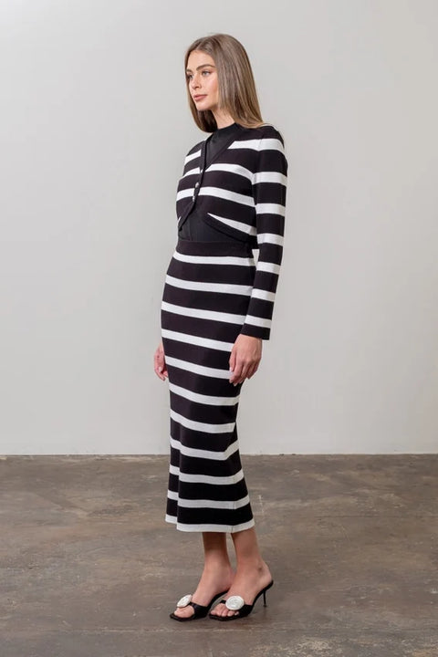 Stripe Long Sleeve Crop Cardigan & Midi Skirt Set