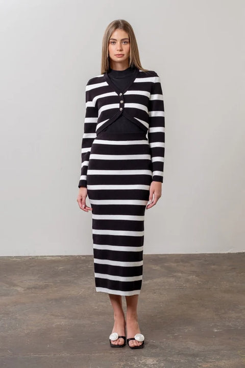 Stripe Long Sleeve Crop Cardigan & Midi Skirt Set