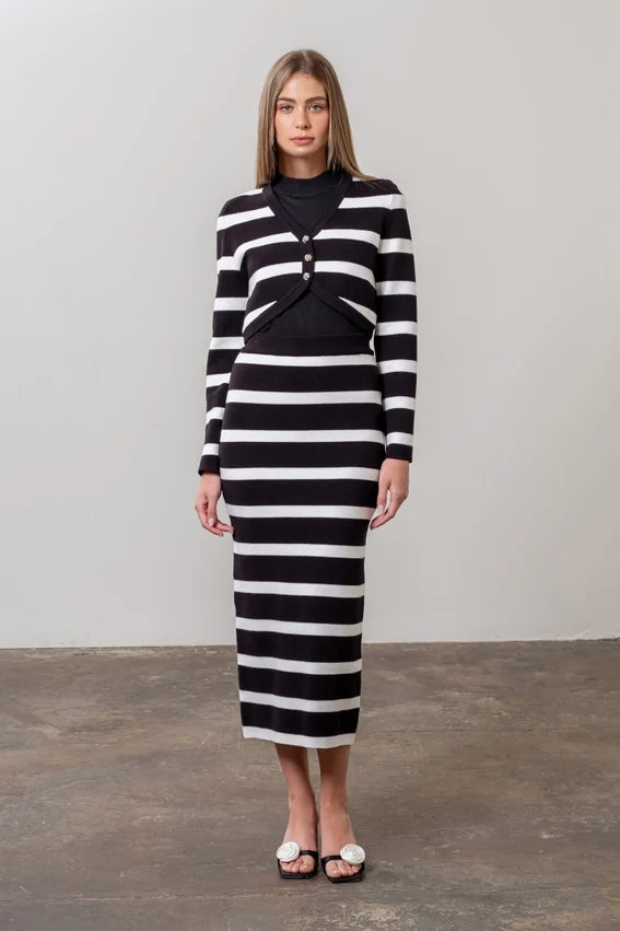 Stripe Long Sleeve Crop Cardigan & Midi Skirt Set