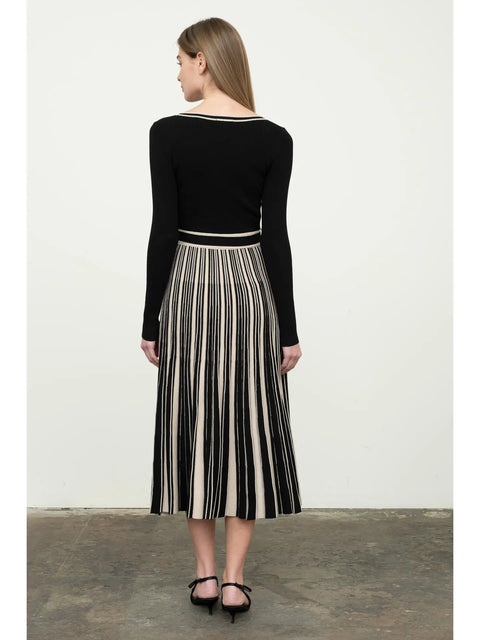 Stripe Long Sleeve Waist Tie Knit Midi Sweater Dress
