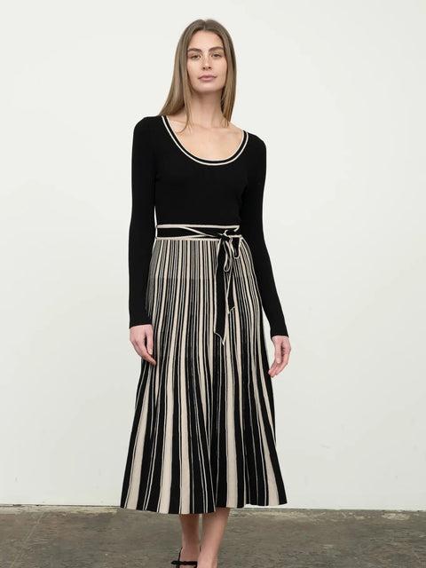 Stripe Long Sleeve Waist Tie Knit Midi Sweater Dress