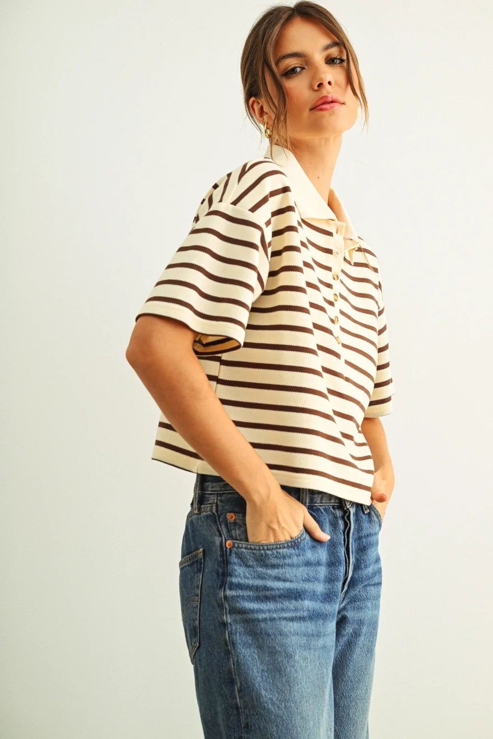 Stripe Pattern Short Sleeve Polo Shirts | Brown