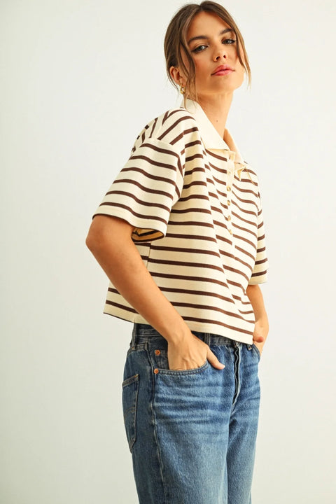 Stripe Pattern Short Sleeve Polo Shirts | Brown