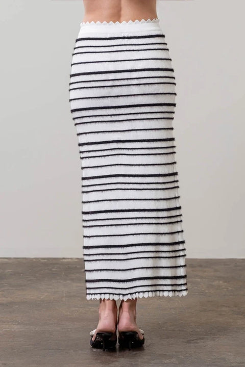 Stripe Scallop Trim Knit Midi Skirt