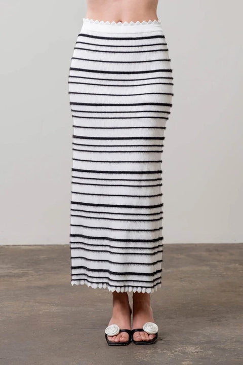 Stripe Scallop Trim Knit Midi Skirt