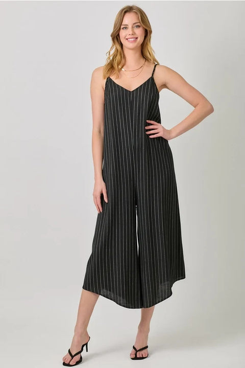 Stripe Sleeveless V-Neck Jumpsuit - Black
