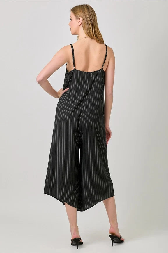 Stripe Sleeveless V-Neck Jumpsuit - Black