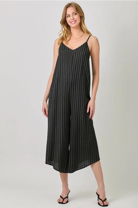 Stripe Sleeveless V-Neck Jumpsuit - Black