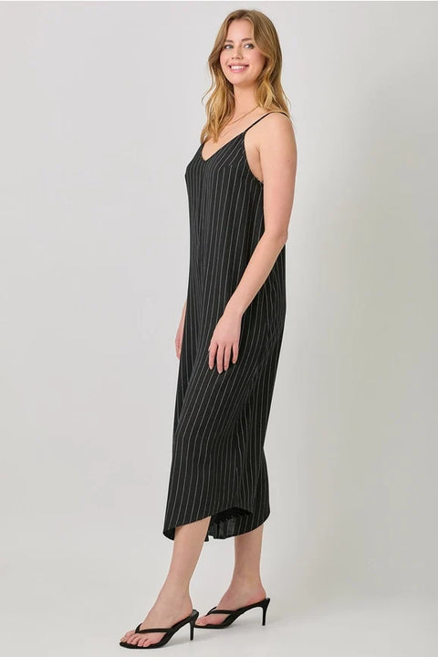 Stripe Sleeveless V-Neck Jumpsuit - Black