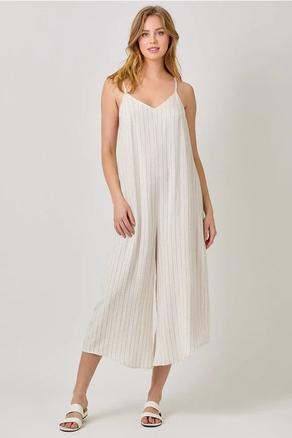 Stripe Sleeveless V-Neck Jumpsuit - Ivory