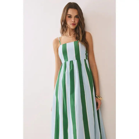 Striped Maxi Dress with Smocked Back and Side Pockets in Green