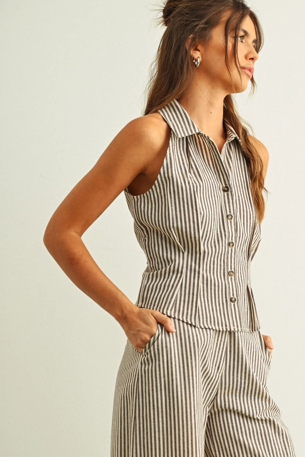 Striped Pattern Collared Blouse | Brown