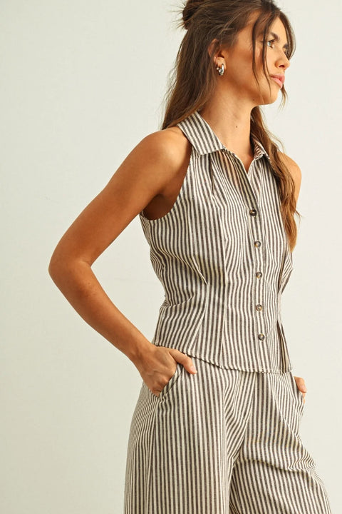 Striped Pattern Collared Blouse | Brown