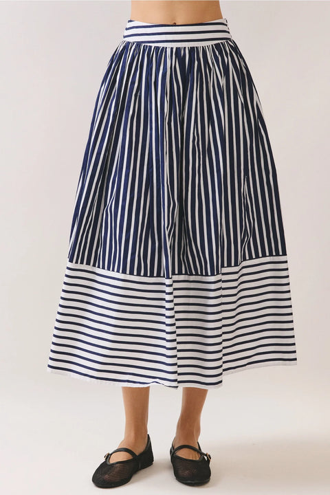 Striped Self Tie Belt High Waist Midi Skirt