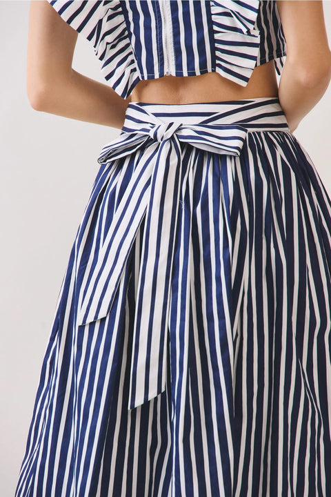 Striped Self Tie Belt High Waist Midi Skirt