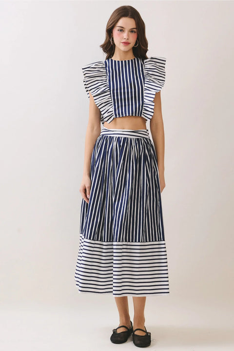 Striped Self Tie Belt High Waist Midi Skirt
