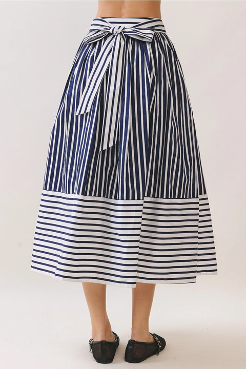 Striped Self Tie Belt High Waist Midi Skirt
