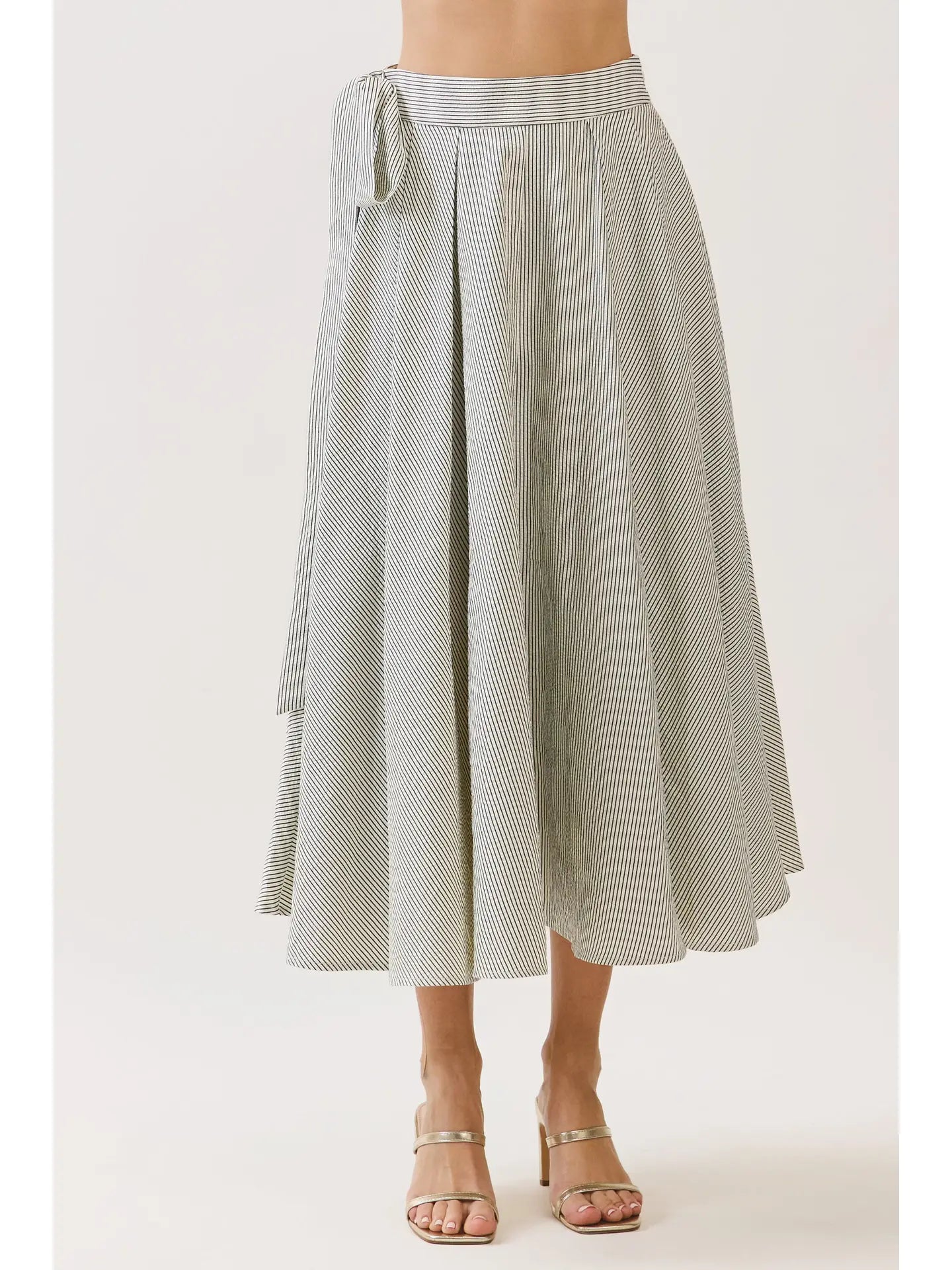 Striped Tie Waist Panelled Midi Skirt - Black