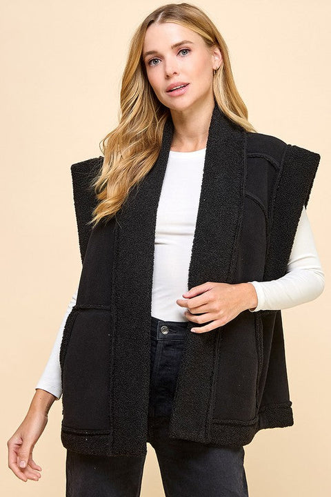 Suede Oversized Open Vest Black
